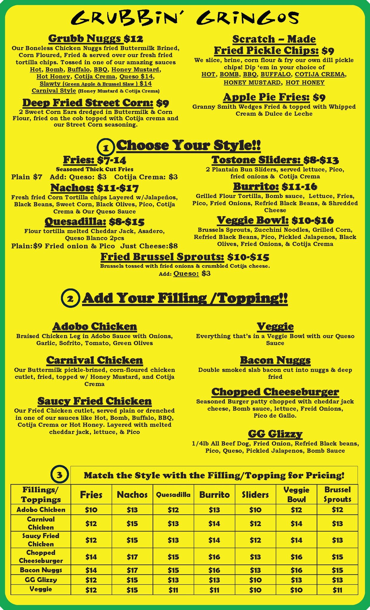 Menu showing Grubbin' Gringos food items and pricing options.