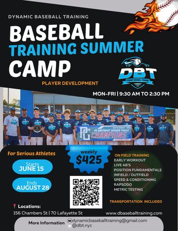 Baseball training summer camp for player development, June 15 to August 28.