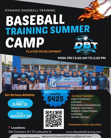 Baseball training summer camp promotion with team photo and details.