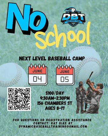 No school baseball camp on June 4-5 for ages 8-17 with Dynamic Baseball Training.