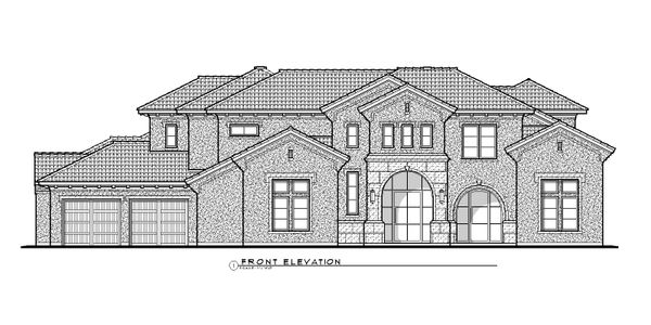 Architectural front elevation drawing of a two-story house with garage and arched windows.