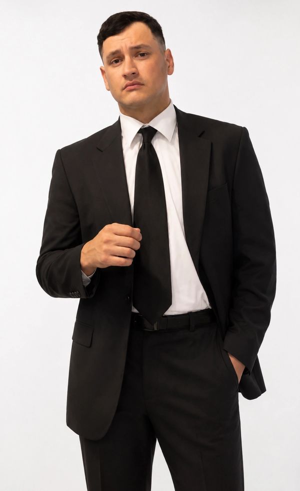 Man in a black suit with a white shirt and black tie, posing confidently.