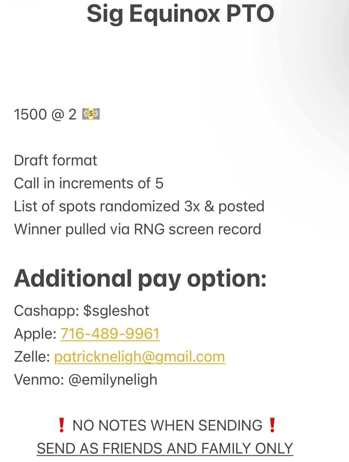 Payment instructions for Sig Equinox PTO with multiple payment options.