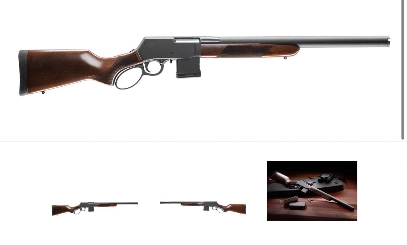 Lever-action rifle with wooden stock and black barrel.