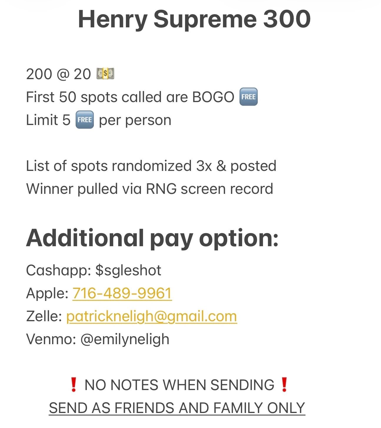 Payment info and rules for Henry Supreme 300 spots.