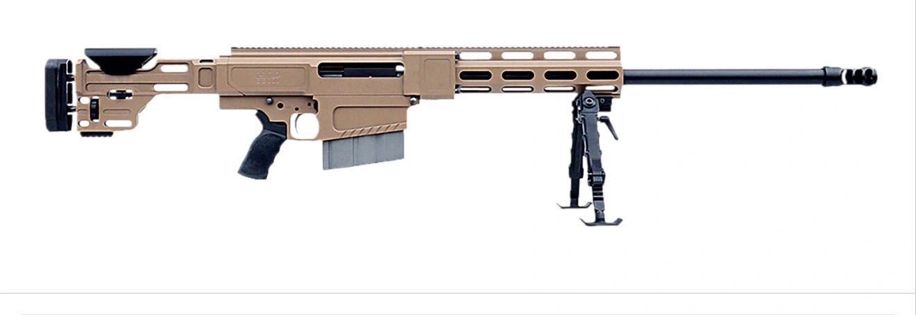 A modern sniper rifle with a tan chassis and bipod.