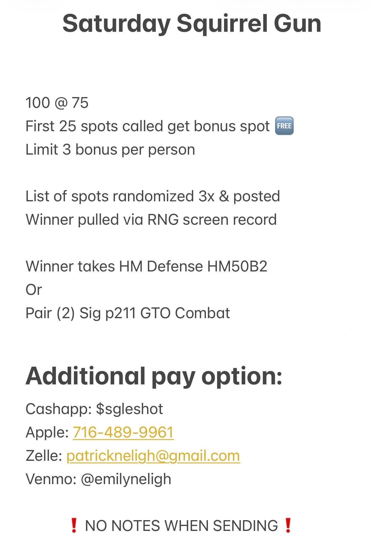 Details of a Saturday Squirrel Gun contest with prize options and payment methods.