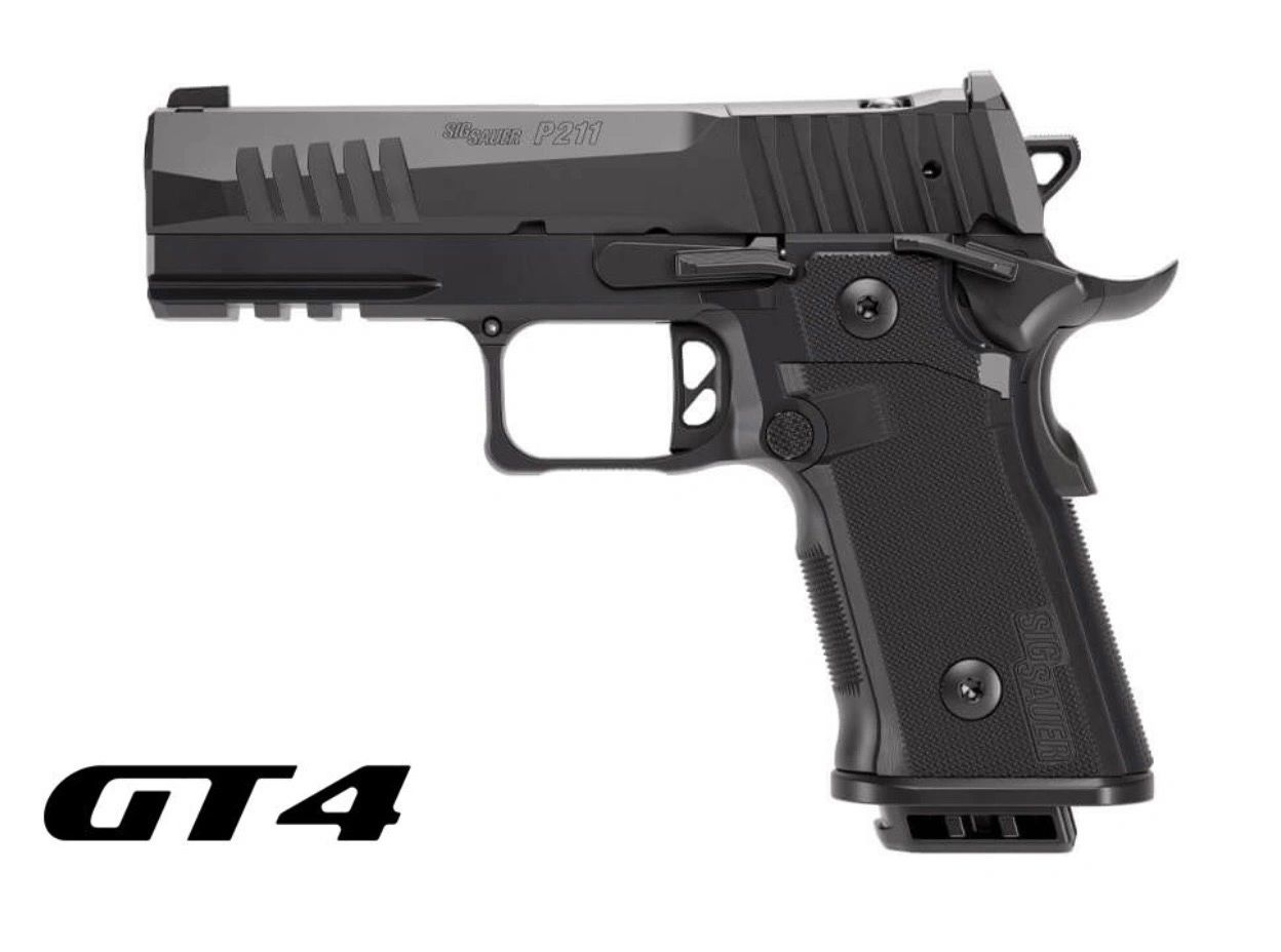 Black Sig Sauer P211 GT4 pistol with textured grip and tactical design.