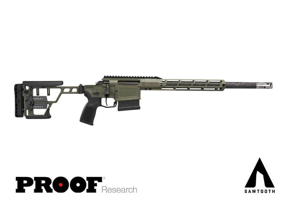 Precision rifle with olive green chassis and black adjustable stock.