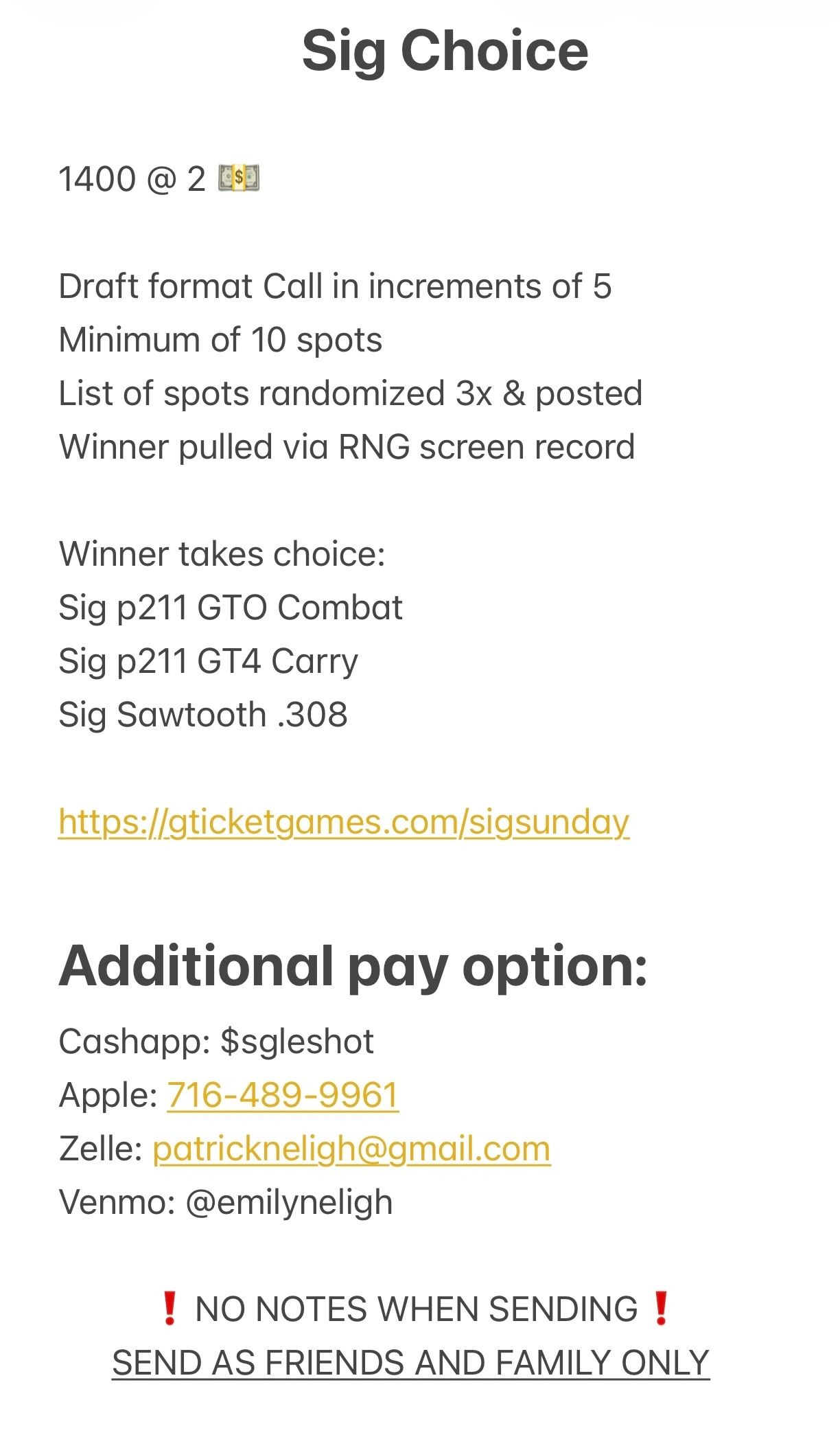 Instructions and payment options for Sig firearm selection event with random winner.
