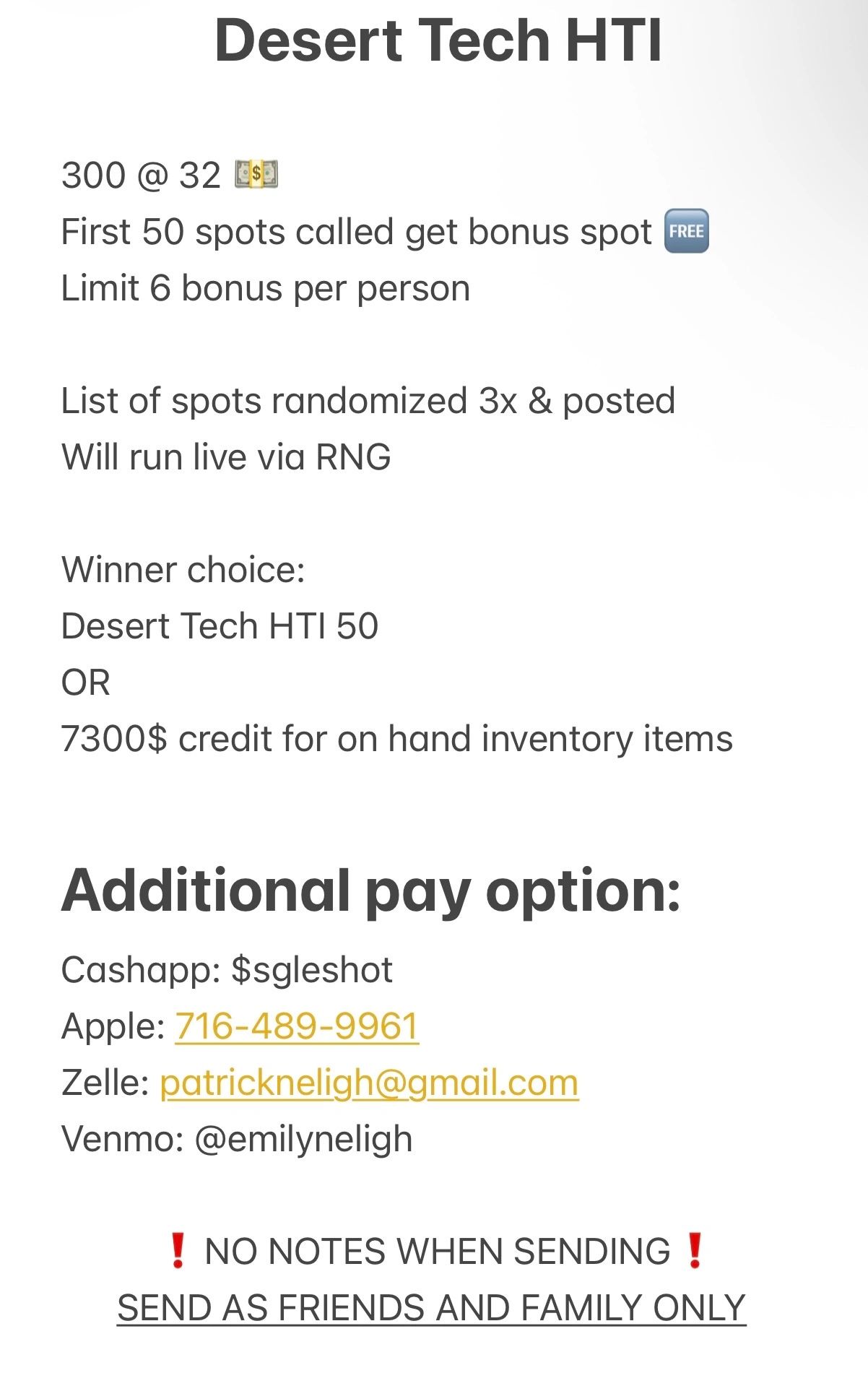 Desert Tech HTI raffle with bonus spots, winner choice, and multiple payment options.