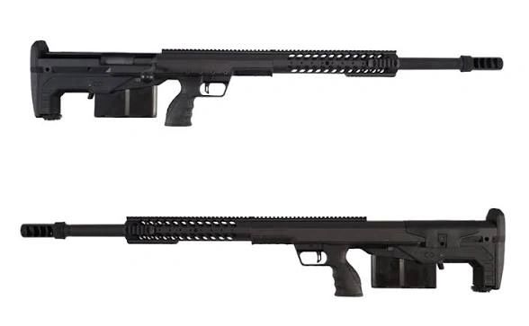 Two sleek black sniper rifles displayed horizontally, highlighting their modern design.