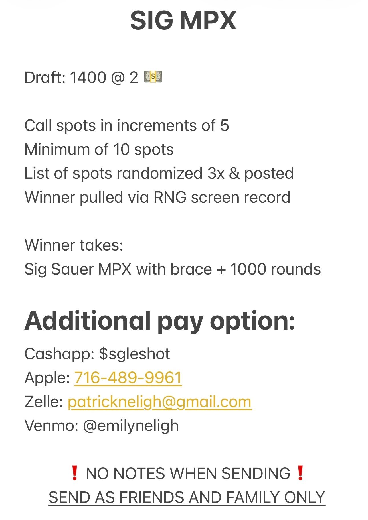 SIG MPX raffle with payment options and rules for participation.