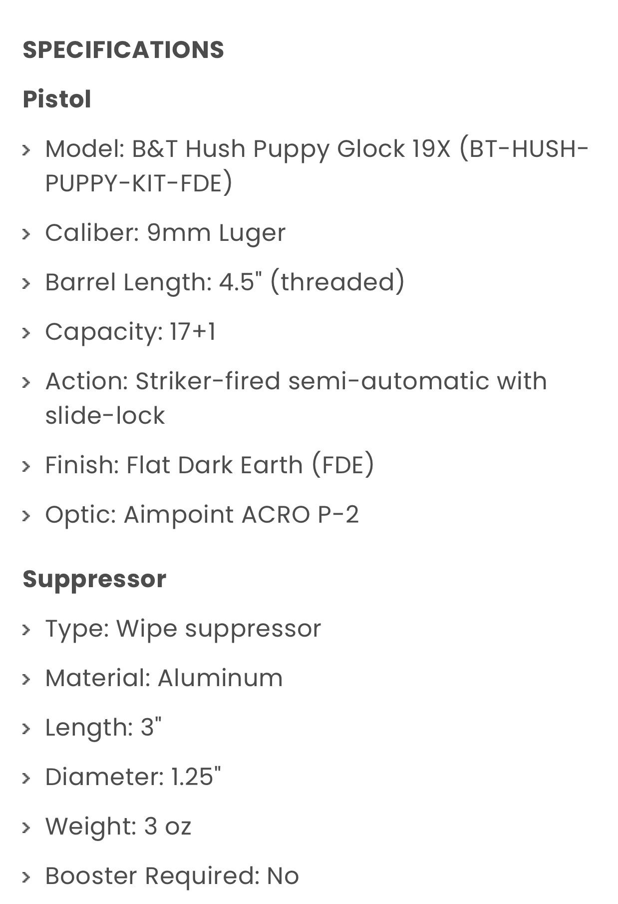 Specifications for B&amp;T Hush Puppy Glock 19X pistol and wipe suppressor.