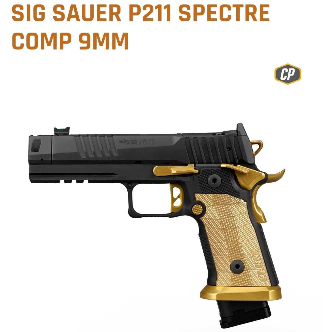 Black and gold Sig Sauer P211 Spectre Comp 9mm pistol with textured grip.