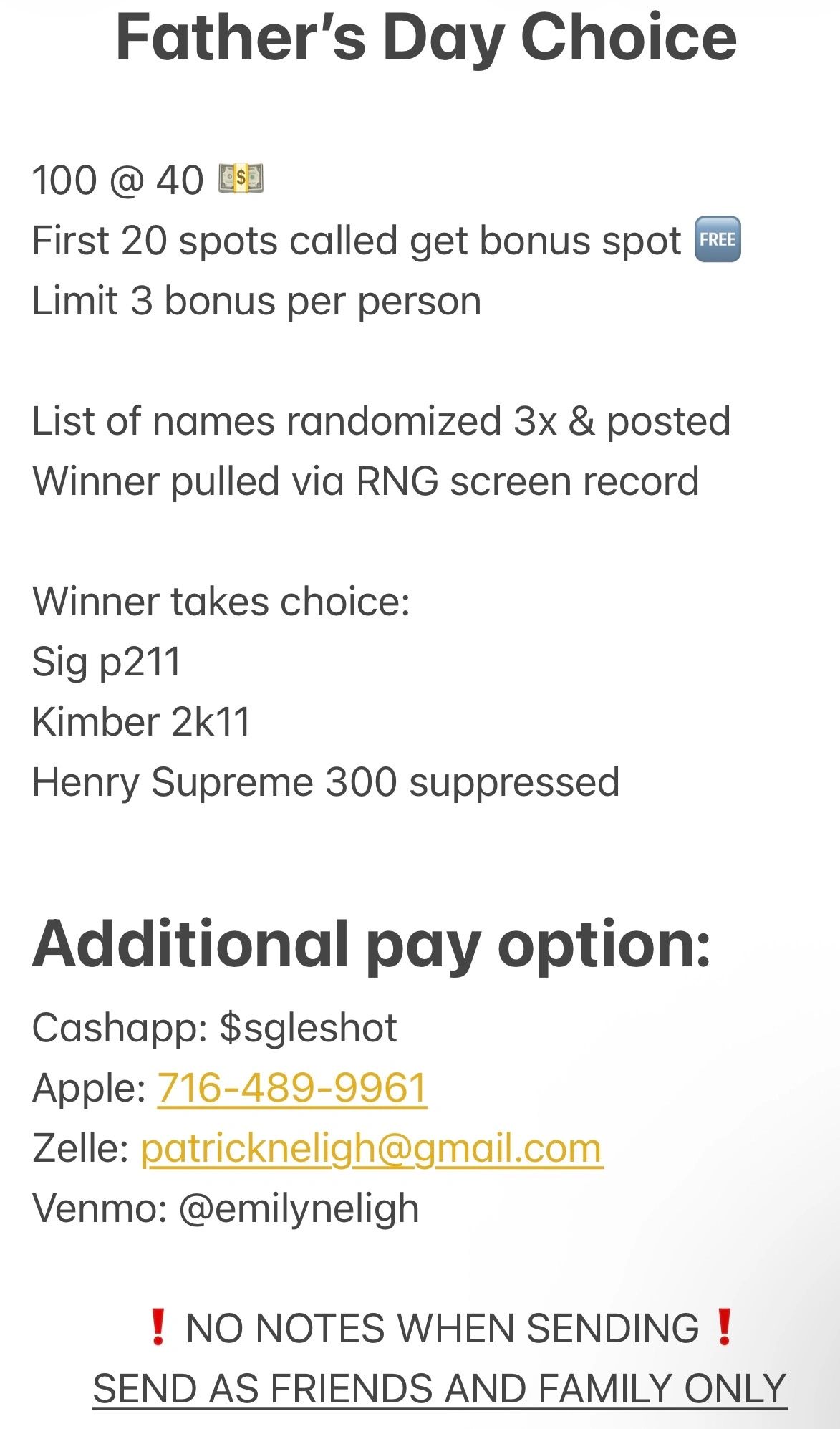 Father's Day raffle with bonus spots and multiple payment options.