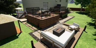 3d landscape and deck design in ancaster.  includes patio and outdoor fireplace.