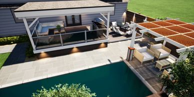Landscape design services in Oakville. This is a 3d designed deck with pool patio and pergola