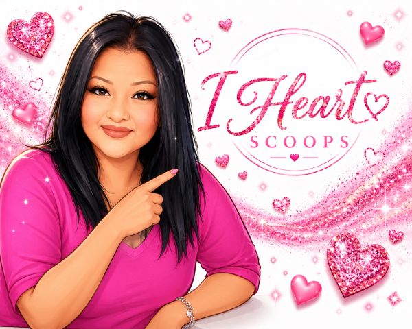 Woman pointing to "I Heart Scoops" sign with pink hearts.