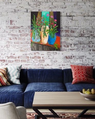 Potted flower painting  shown in a living area of a home