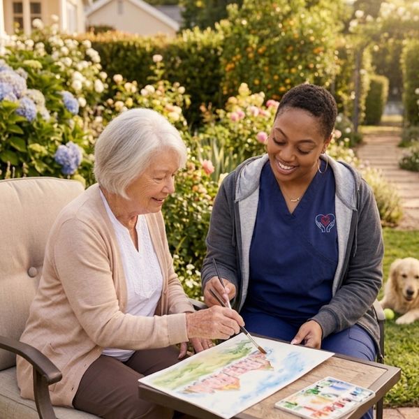Elderly woman painting with caretaker in garden.