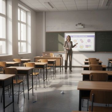 Teacher giving a presentation in an empty classroom with sunlight streaming in.