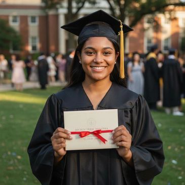 Smiling graduate holding diploma at outdoor graduation ceremony.