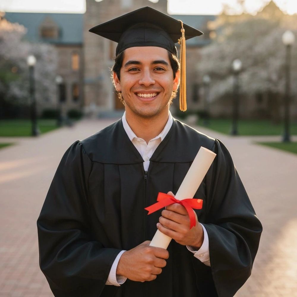 Happy graduate in cap and gown holding diploma outdoors.
