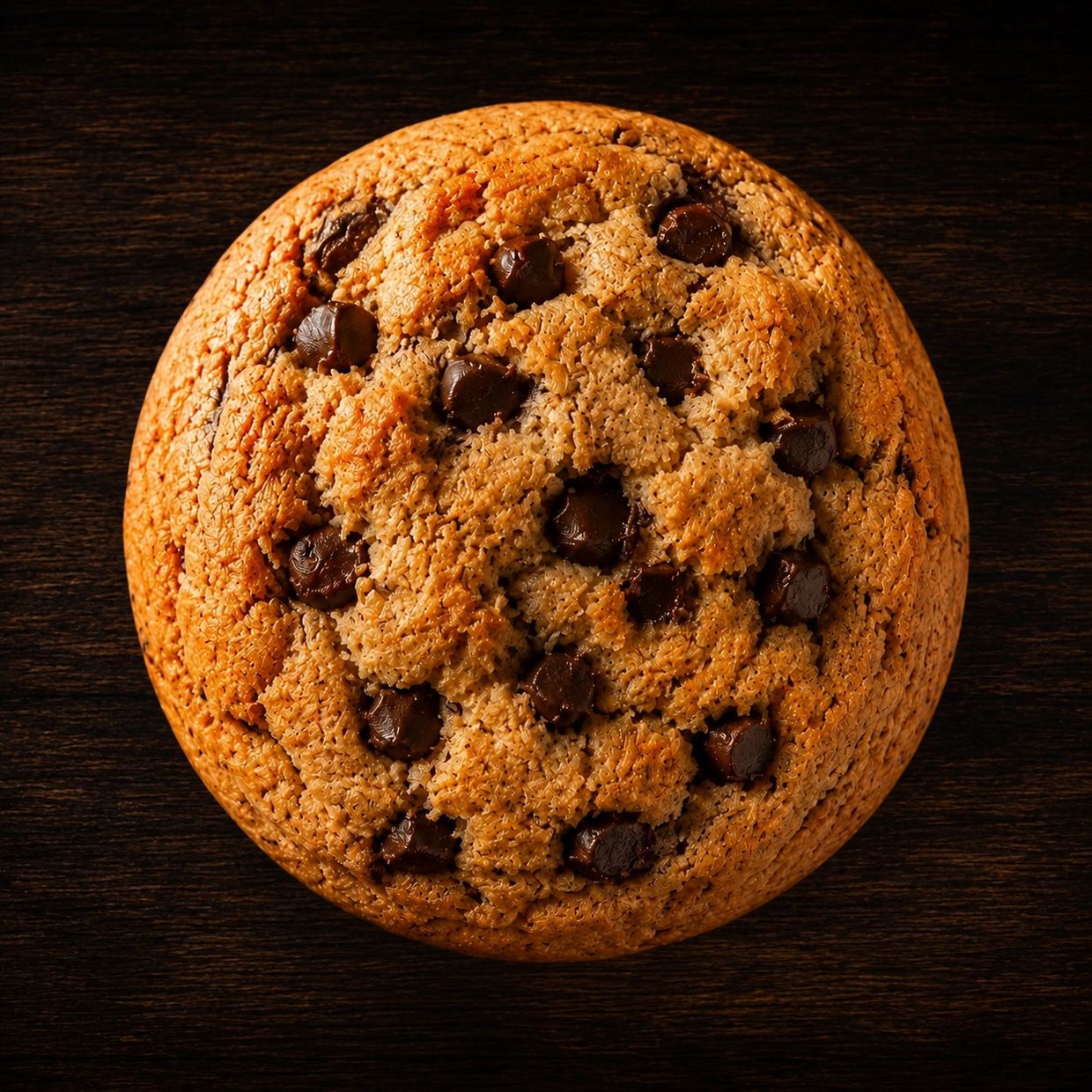 Close-up of a chocolate chip cookie on a dark surface.