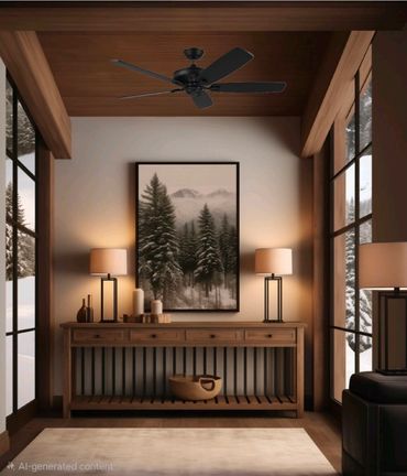 Cozy hallway with wooden decor and winter landscape painting.