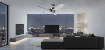 Modern living room with large windows and city skyline view.
