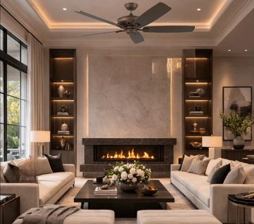 Elegant living room with fireplace and neutral tones.
