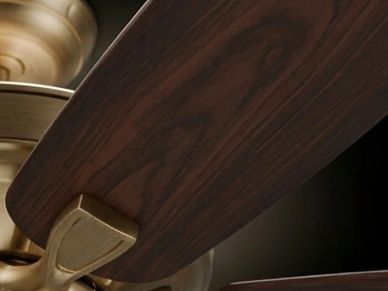 Close-up of a wooden fan blade on a brass fixture.