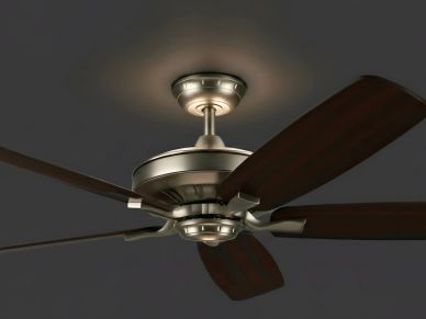 Modern ceiling fan with lights and wooden blades.