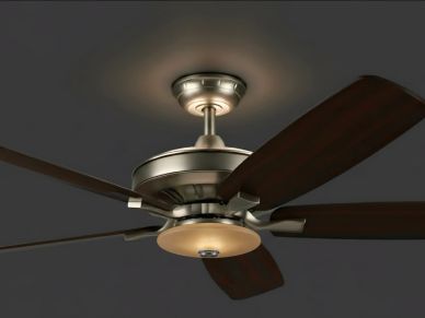 Modern ceiling fan with wooden blades and light fixture.