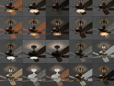 Multiple ceiling fans with lights in different styles and colors.