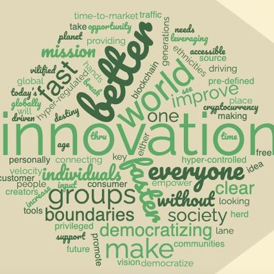A word bubble that prominently features innovation, a better world, and faster.