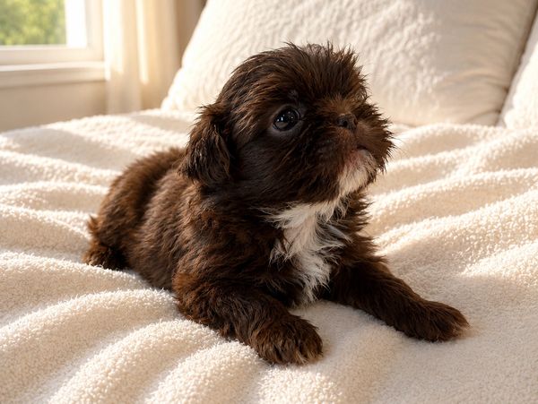 Small brown puppy with white chest lying on a cozy bed.