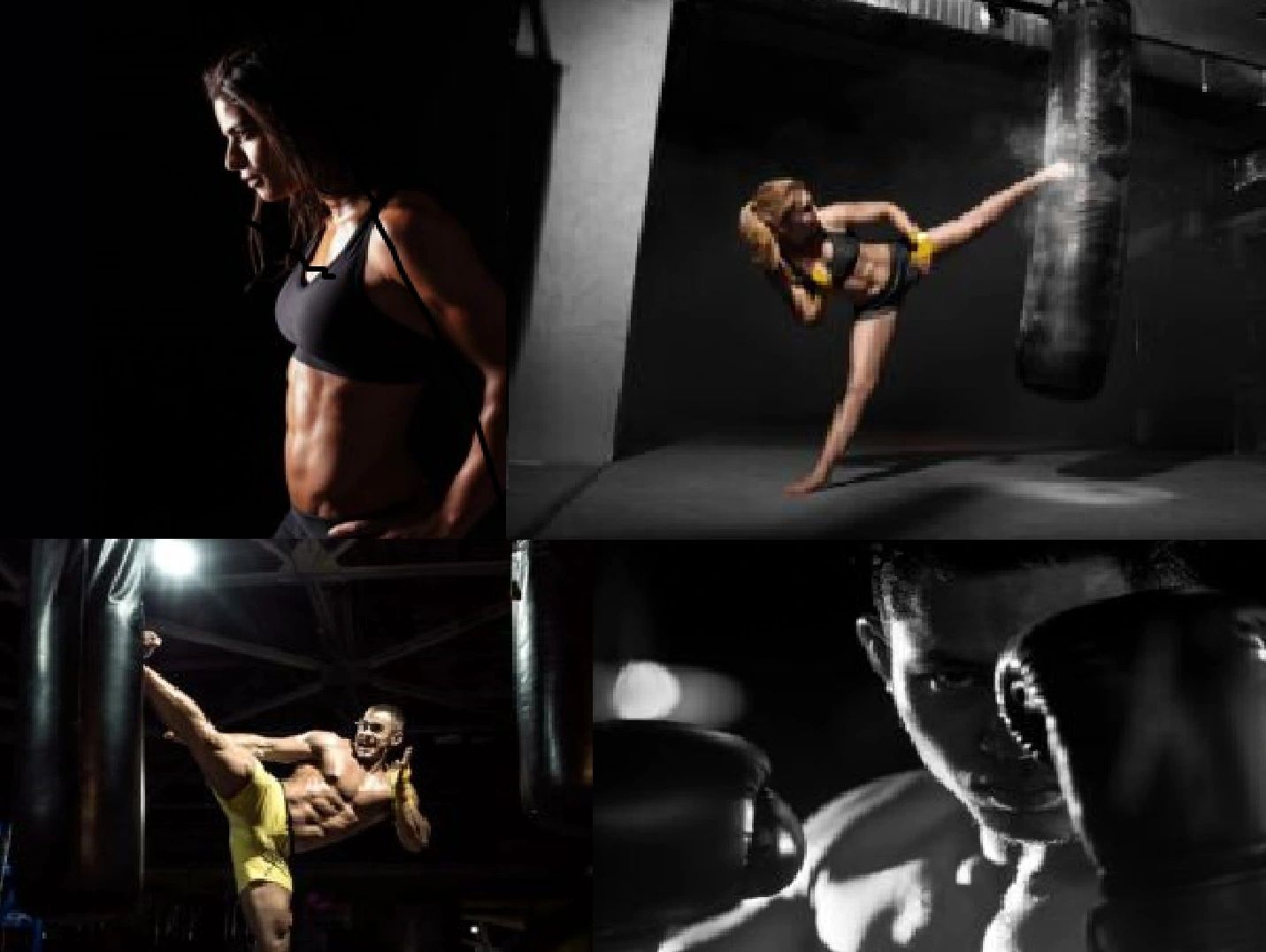 Four images of intense boxing and kickboxing training in a dark gym.