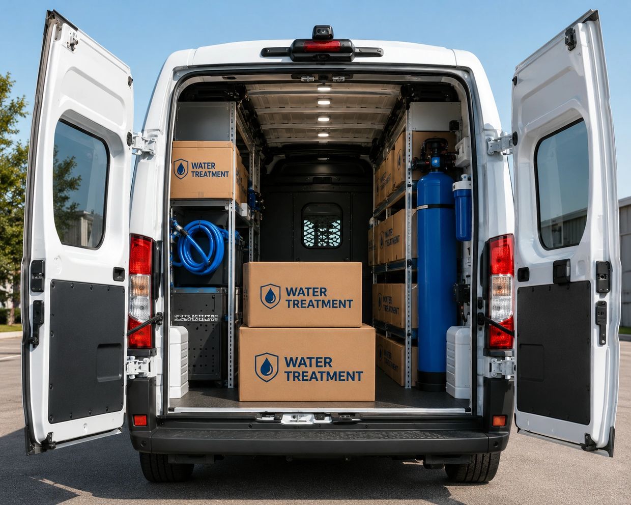 Open van loaded with water treatment equipment and boxes.