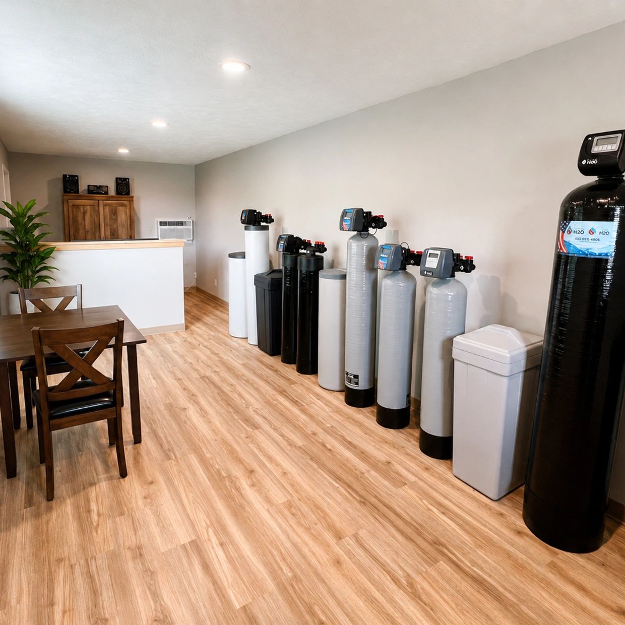 Row of water filtration systems in a clean room.