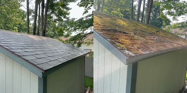 Before and after picture of a roof clean done by hydro restorations 