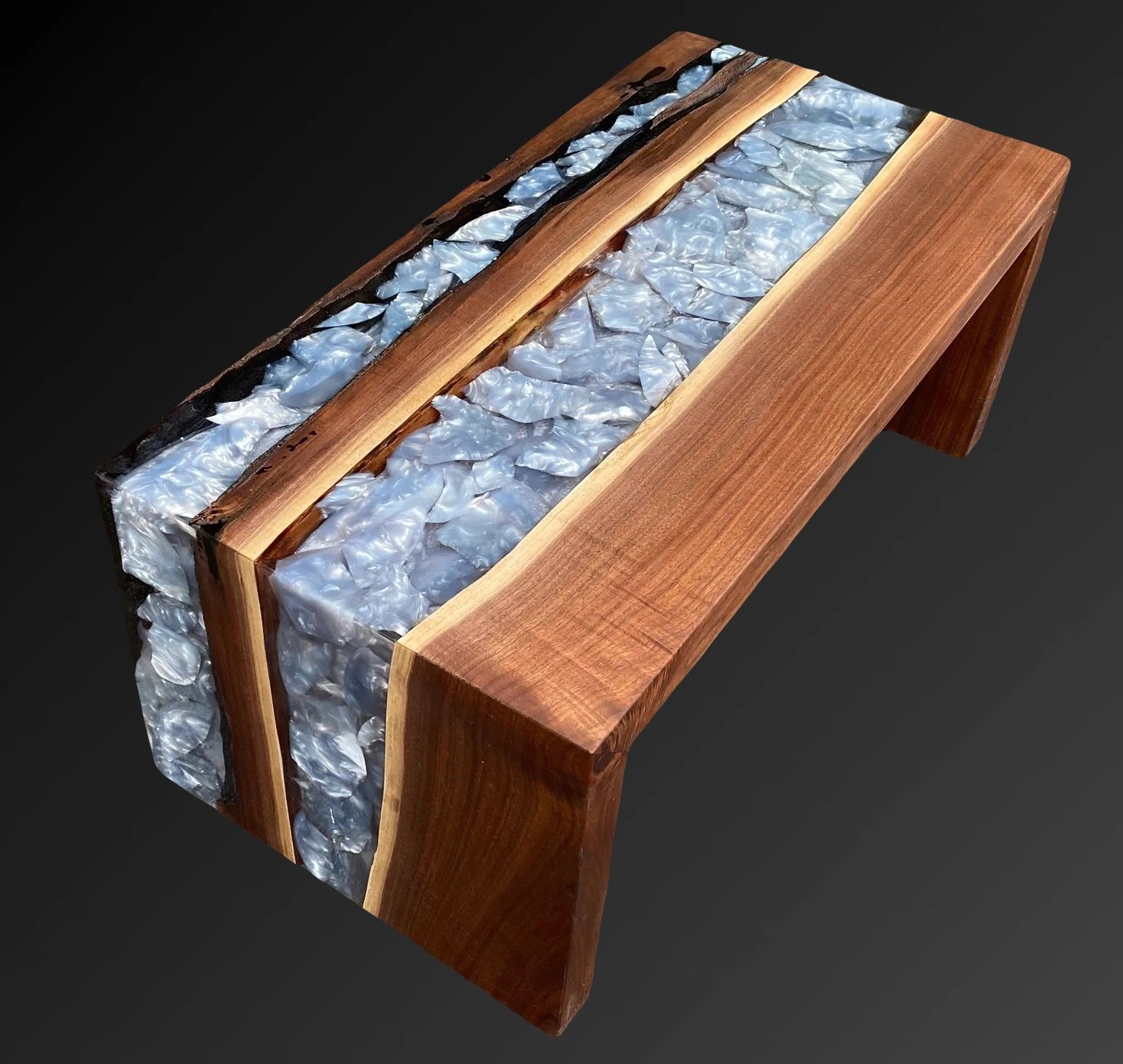 River table live edge waterfall coffee table epoxy rocks black walnut slab
