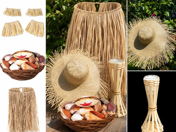A collection of tropical-themed decorations including a straw skirt, hat, basket of shells, and bamboo torch.