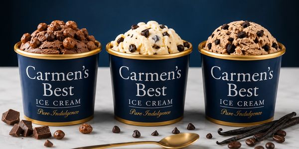 Three cups of Carmen's Best ice cream with chocolate and vanilla flavors.