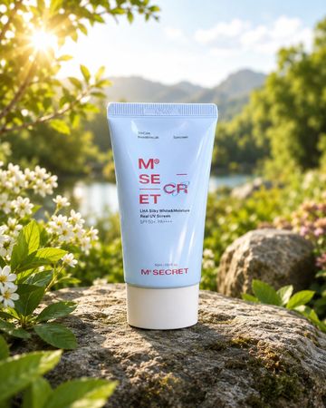 M' Secret moisturizing sunscreen tube placed on a rock with nature background.