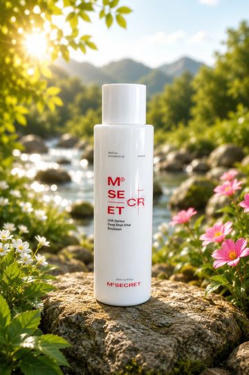 Skincare bottle on a rock surrounded by flowers with a river and mountains in the background.