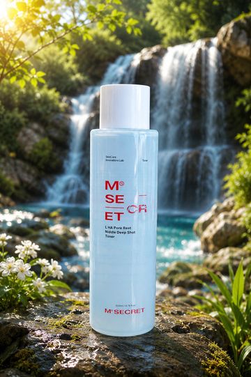 A skincare toner bottle placed on a rock with a waterfall backdrop.