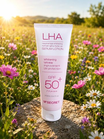 LHA whitening serum lotion with SPF 50+ on a sunlit flower field.