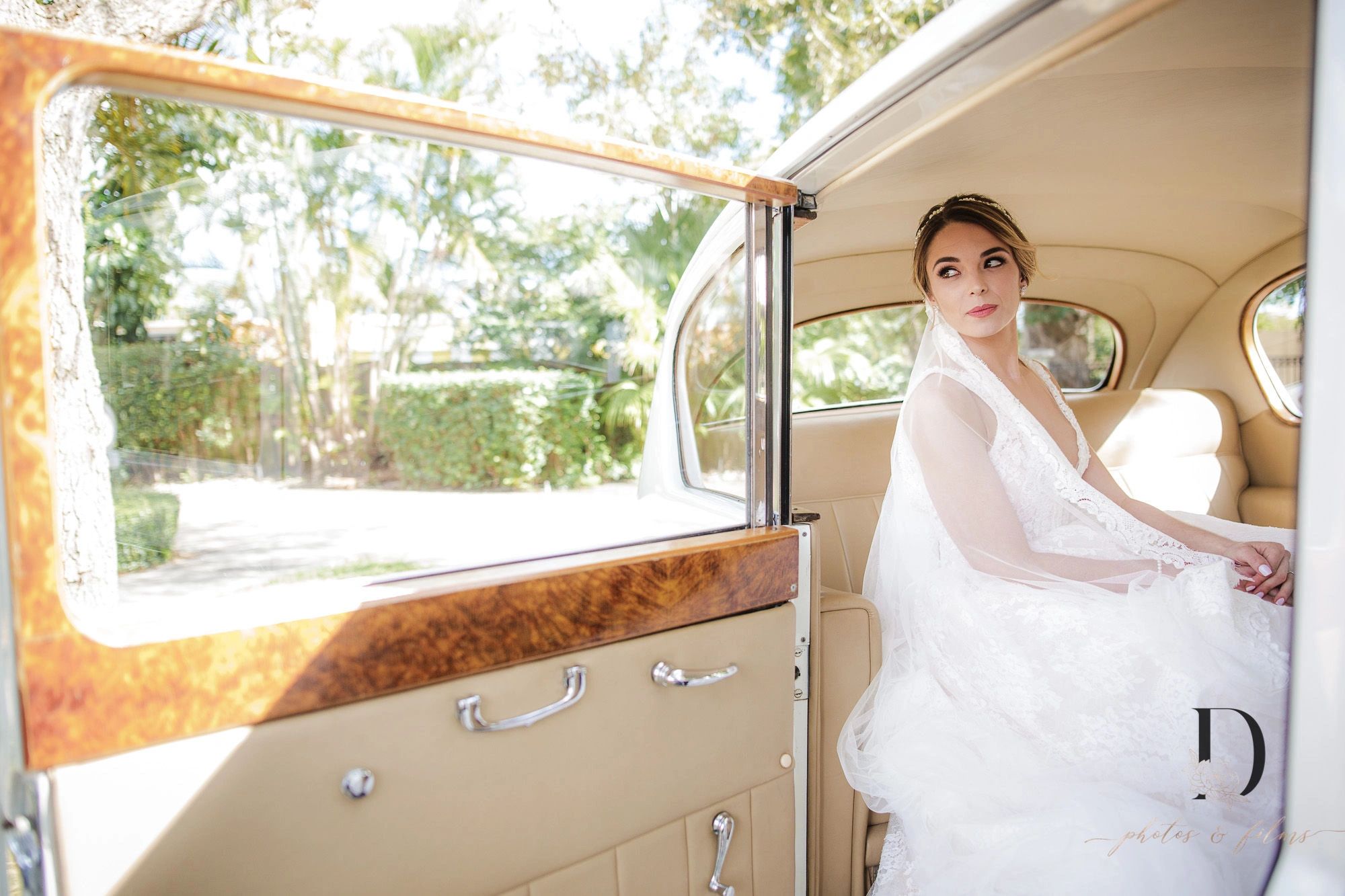 classic car rental, beige leather interior. Miami wedding transportation